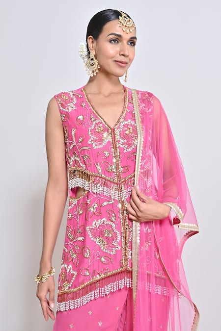 Buy_Keith Gomes_Pink Georgette, Net Beads, Mirrors, Embroidery V-neck And Tunic Gharara Set _Online_at_Aza_Fashions
