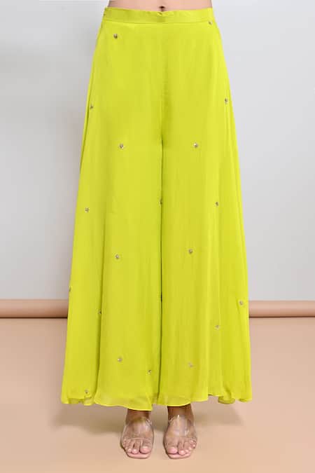 Shop_Keith Gomes_Lime Satin, Silk Organza Beads, Ombre Shaded Kaftan And Flared Palazzo Set _Online_at_Aza_Fashions