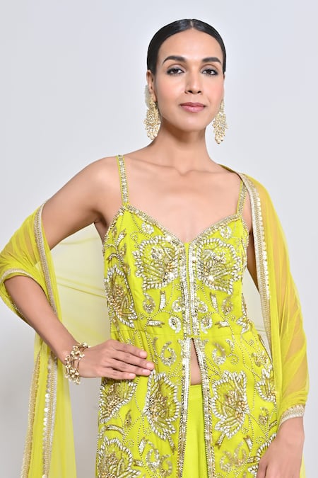 Buy_Keith Gomes_Green Silk Organza, Chiffon, Crepe, Net Beads, And Embellished Tunic Gharara Set _Online_at_Aza_Fashions
