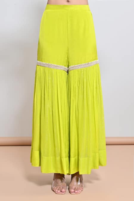 Shop_Keith Gomes_Green Silk Organza, Chiffon, Crepe, Net Beads, And Embellished Tunic Gharara Set _Online_at_Aza_Fashions