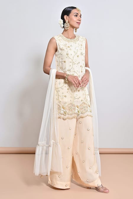 Keith Gomes_Beige Silk Organza, Net Pearls, Sequins, And Cutwork Flower Tunic & Palazzo Set _Online_at_Aza_Fashions