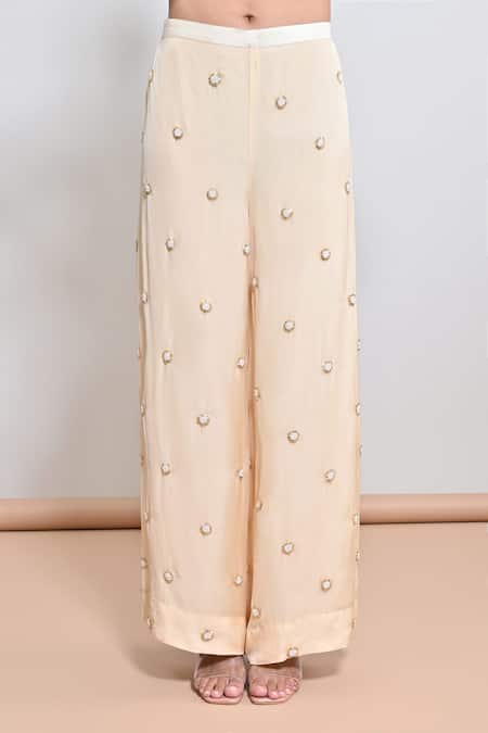 Shop_Keith Gomes_Beige Silk Organza, Net Pearls, Sequins, And Cutwork Flower Tunic & Palazzo Set _Online_at_Aza_Fashions
