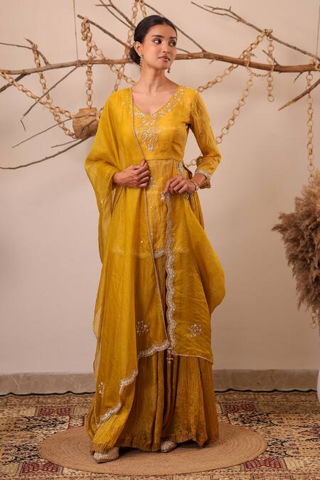 Buy_Farha Syed_Mustard Chanderi Silk, Tissue, Chanderi, Organza Zari, Kurta And Skirt Set _Online_at_Aza_Fashions