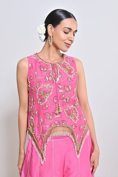 Keith Gomes_Pink Silk Organza Beads, Mirrors, Embroidery, And Embellished Tunic & Palazzo Set _at_Aza_Fashions