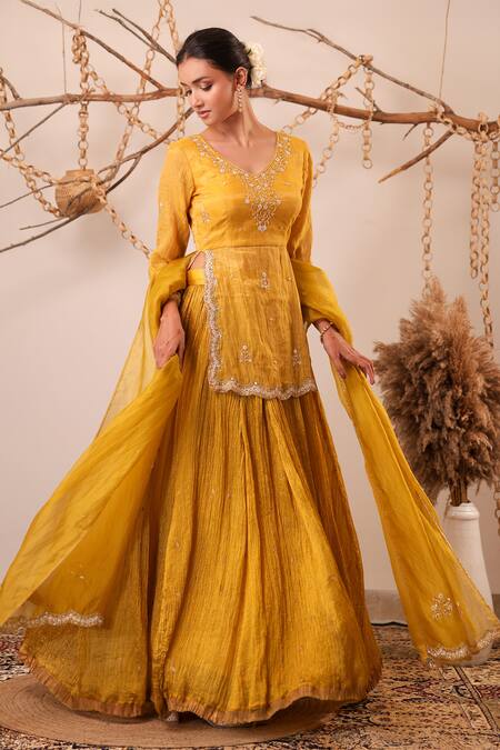 Shop_Farha Syed_Mustard Chanderi Silk, Tissue, Chanderi, Organza Zari, Kurta And Skirt Set _Online_at_Aza_Fashions