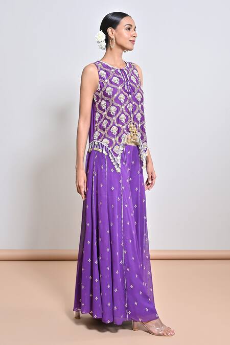 Keith Gomes_Purple Georgette Sequins, Tassels, Embroidery Round Neck Tunic And Palazzo Set _Online_at_Aza_Fashions
