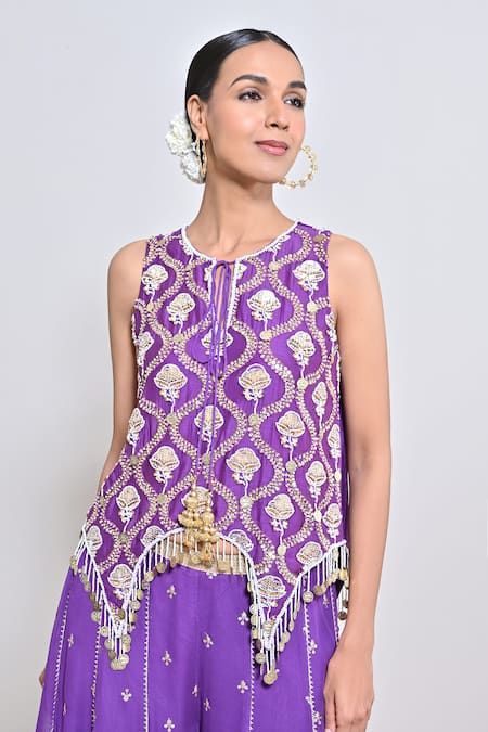 Buy_Keith Gomes_Purple Georgette Sequins, Tassels, Embroidery Round Neck Tunic And Palazzo Set _Online_at_Aza_Fashions