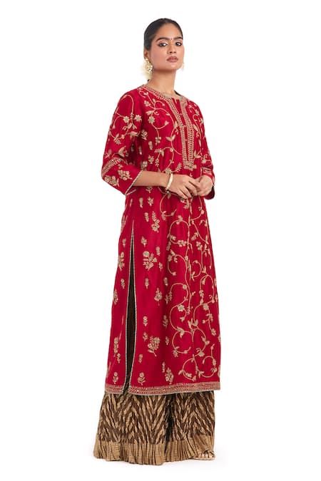 Kora Red Chanderi Silk Embroidery, Sequins, Beads, Gota Patti Round Dori Jaal Kurta 