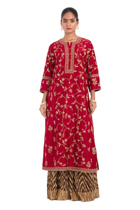 Kora Red Chanderi Silk Embroidery, Sequins, Beads, Gota Patti Round Dori Jaal Kurta Online at Aza Fashions Kora_Red Chanderi Silk Embroidery, Sequins, Beads, Gota Patti Round Dori Jaal Kurta _Online_at_Aza_Fashions