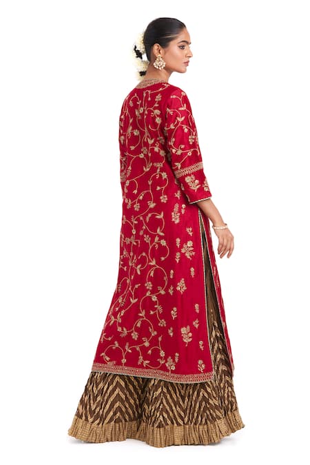 Shop Kora Red Chanderi Silk Embroidery, Sequins, Beads, Gota Patti Round Dori Jaal Kurta at Aza Fashions Shop_Kora_Red Chanderi Silk Embroidery, Sequins, Beads, Gota Patti Round Dori Jaal Kurta _at_Aza_Fashions