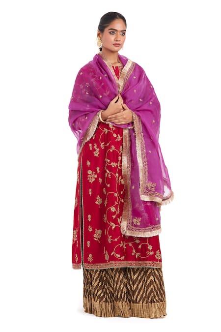 Kora Red Chanderi Silk Embroidery, Sequins, Beads, Gota Patti Round Dori Jaal Kurta at Aza Fashions Kora_Red Chanderi Silk Embroidery, Sequins, Beads, Gota Patti Round Dori Jaal Kurta _at_Aza_Fashions