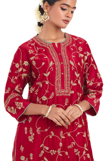 Shop Kora Red , , Embroidery, Zari, Dori Jaal Kurta And Sharara Online at Aza Fashions Shop_Kora_Red , , Embroidery, Zari, Dori Jaal Kurta And Sharara _Online_at_Aza_Fashions