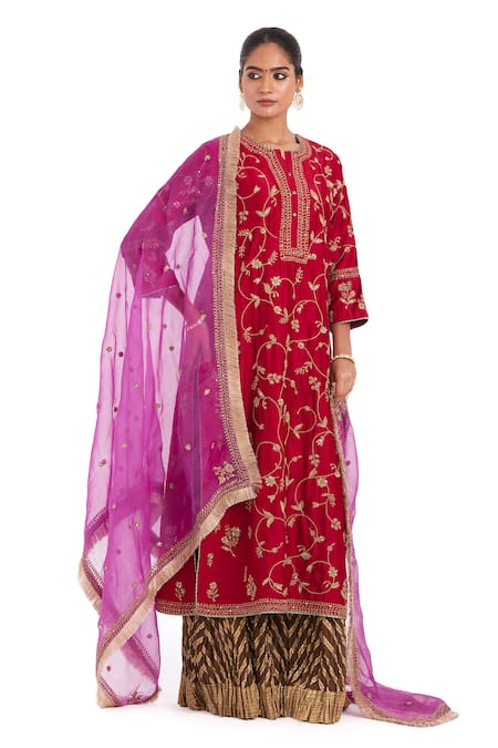 Kora Red Chanderi , Organza Embroidery, Dori Jaal Kurta Sharara Set 