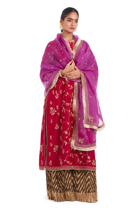 Kora Red Chanderi , Organza Embroidery, Dori Jaal Kurta Sharara Set at Aza Fashions Kora_Red Chanderi , Organza Embroidery, Dori Jaal Kurta Sharara Set _at_Aza_Fashions