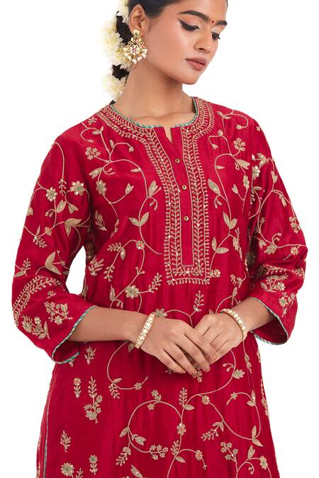Buy Kora Red Chanderi , Organza Embroidery, Dori Jaal Kurta Sharara Set Buy_Kora_Red Chanderi , Organza Embroidery, Dori Jaal Kurta Sharara Set