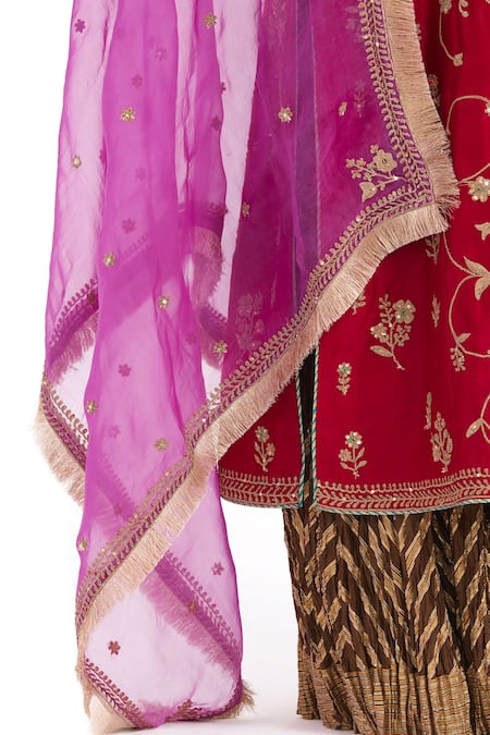 Shop Kora Red Chanderi , Organza Embroidery, Dori Jaal Kurta Sharara Set Shop_Kora_Red Chanderi , Organza Embroidery, Dori Jaal Kurta Sharara Set