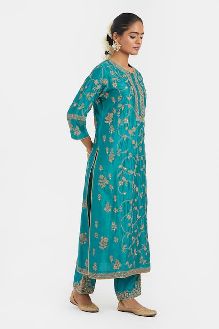 Kora Teal Chanderi Silk Embroidery, Sequins, Beads, Gota Patti Round Dori Jaal Kurta Online at Aza Fashions Kora_Teal Chanderi Silk Embroidery, Sequins, Beads, Gota Patti Round Dori Jaal Kurta _Online_at_Aza_Fashions