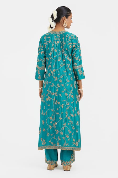 Shop Kora Teal Chanderi Silk Embroidery, Sequins, Beads, Gota Patti Round Dori Jaal Kurta at Aza Fashions Shop_Kora_Teal Chanderi Silk Embroidery, Sequins, Beads, Gota Patti Round Dori Jaal Kurta _at_Aza_Fashions