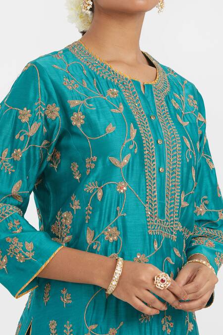 Shop Kora Teal Chanderi Silk Embroidery, Sequins, Beads, Gota Patti Round Dori Jaal Kurta Online at Aza Fashions Shop_Kora_Teal Chanderi Silk Embroidery, Sequins, Beads, Gota Patti Round Dori Jaal Kurta _Online_at_Aza_Fashions