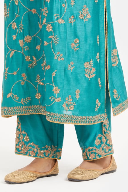 Shop_Kora_Teal Silk, Chanderi Embroidery, Sequins, Beads, Gota Dori Jaal Kurta And Pant _Online_at_Aza_Fashions