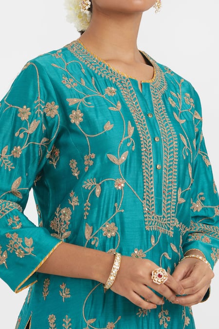 Kora_Teal Silk, Chanderi Embroidery, Sequins, Beads, Gota Dori Jaal Kurta And Pant _at_Aza_Fashions