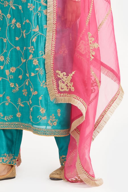 Shop_Kora_Teal Chanderi , Organza Dori Jaal Kurta, Pant And Dupatta Set 