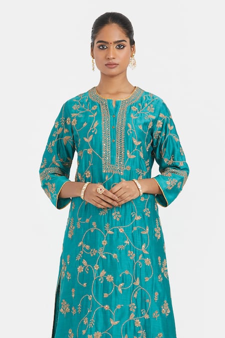 Kora Teal Chanderi Silk Embroidery, Sequins, Beads Round Neck Dori And Kurta Online at Aza Fashions Kora_Teal Chanderi Silk Embroidery, Sequins, Beads Round Neck Dori And Kurta _Online_at_Aza_Fashions