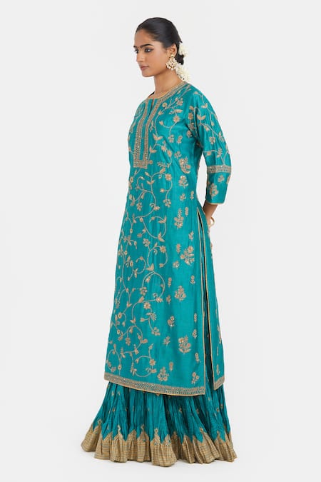 Buy Kora Teal Chanderi Silk Embroidery, Sequins, Beads Round Neck Dori And Kurta Online at Aza Fashions Buy_Kora_Teal Chanderi Silk Embroidery, Sequins, Beads Round Neck Dori And Kurta _Online_at_Aza_Fashions