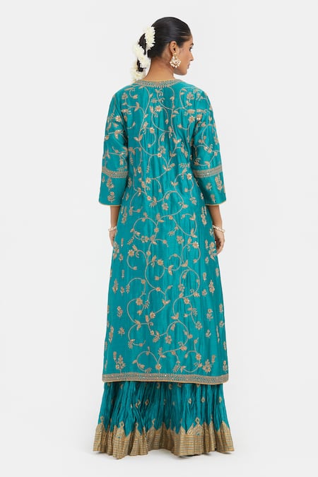 Shop Kora Teal Chanderi Silk Embroidery, Sequins, Beads Round Neck Dori And Kurta at Aza Fashions Shop_Kora_Teal Chanderi Silk Embroidery, Sequins, Beads Round Neck Dori And Kurta _at_Aza_Fashions