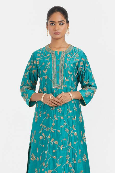 Kora_Teal Chanderi Silk Embroidery, Sequins, Beads, Dori Jaal Kurta And Kali Lehenga _Online_at_Aza_Fashions