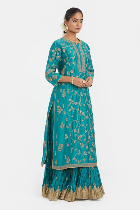 Buy_Kora_Teal Chanderi , Organza Embroidery, Dori Jaal Kurta Lehenga And Dupatta _Online_at_Aza_Fashions