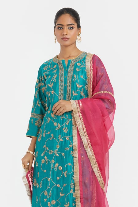 Shop_Kora_Teal Chanderi , Organza Embroidery, Dori Jaal Kurta Lehenga And Dupatta _Online_at_Aza_Fashions