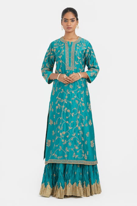 Buy_Kora_Teal Chanderi , Organza Embroidery, Dori Jaal Kurta Lehenga And Dupatta 
