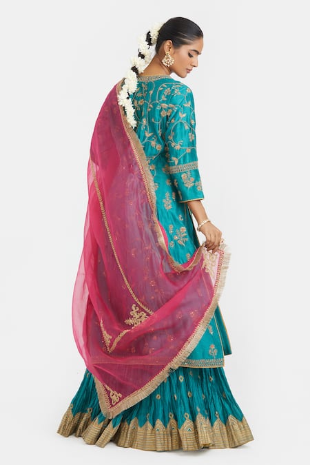 Shop_Kora_Teal Chanderi , Organza Embroidery, Dori Jaal Kurta Lehenga And Dupatta 