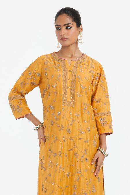 Shop_Kora_Yellow Chanderi Silk Embroidery, Sequins, Beads, Gota Patti Dori Jaal Kurta _Online_at_Aza_Fashions