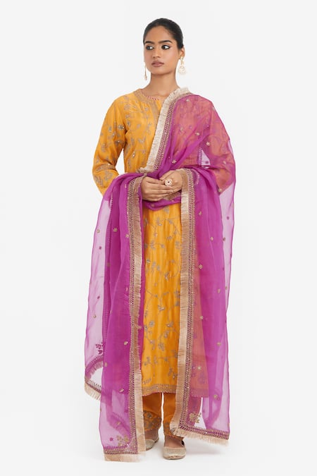 Buy Kora Yellow Chanderi , Organza Embroidery, Dori Jaal Kurta Salwar Set Buy_Kora_Yellow Chanderi , Organza Embroidery, Dori Jaal Kurta Salwar Set