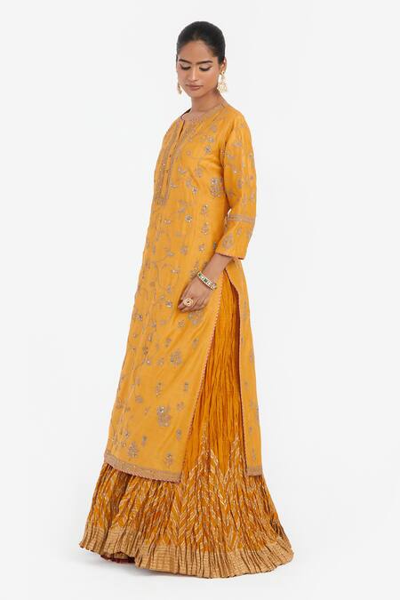 Buy_Kora_Yellow , , Embroidery, Dori Jaal Kurta And Lehenga Set _Online_at_Aza_Fashions