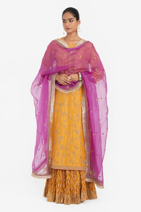 Shop Kora Yellow Chanderi , Organza Embroidery, Sequins, Dori And Kurta Lehenga Shop_Kora_Yellow Chanderi , Organza Embroidery, Sequins, Dori And Kurta Lehenga