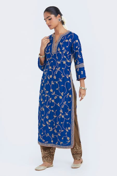 Kora_Blue Chanderi Silk Embroidery, Sequins, Beads Dori Jaal Kurta With Gota Piping _Online_at_Aza_Fashions