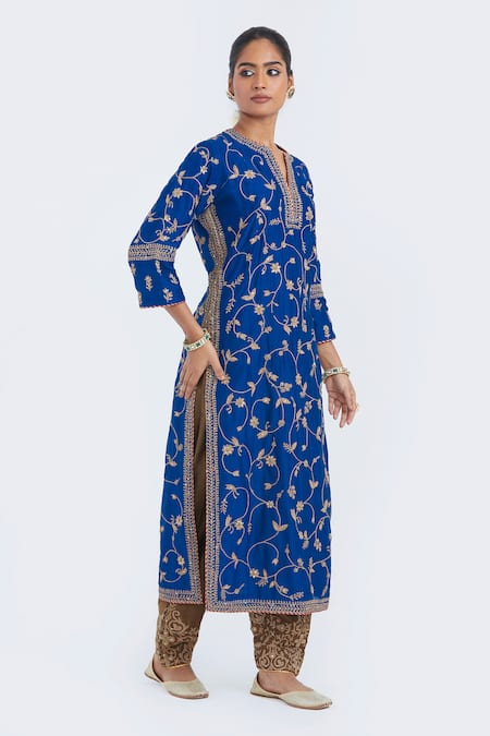 Shop_Kora_Blue Chanderi Silk Embroidery, Sequins, Beads Dori Jaal Kurta And Salwar Set _Online_at_Aza_Fashions