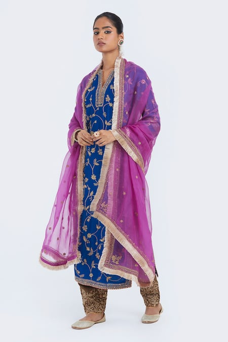 Kora_Blue Chanderi Silk Embroidery, Sequins, Beads Dori Jaal Kurta And Salwar Set _at_Aza_Fashions