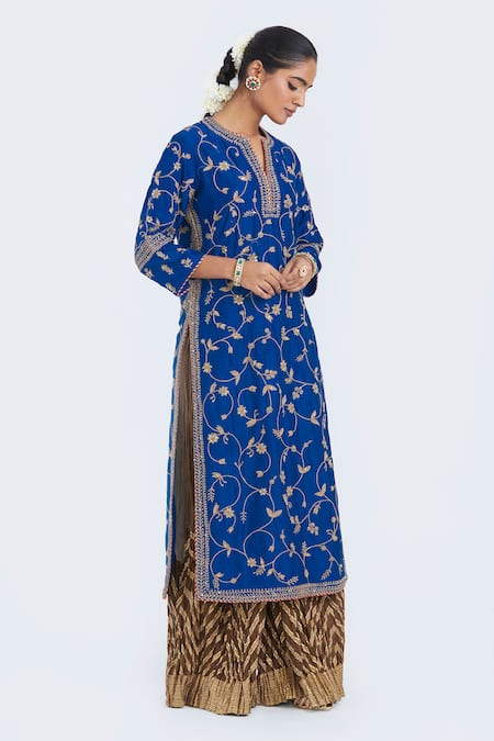 Kora_Blue Chanderi Silk Embroidery, Sequins, Beads Round Neck, Split Dori Jaal Kurta _Online_at_Aza_Fashions