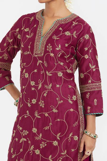 Buy_Kora_Red Chanderi Silk Embroidery, Sequins, Beads Round Neck, Split Dori Jaal Kurta 