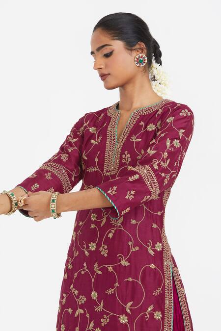 Kora_Red Chanderi Silk Embroidery, Sequins, Beads, Gota Dori Jaal Kurta And Lehenga _Online_at_Aza_Fashions