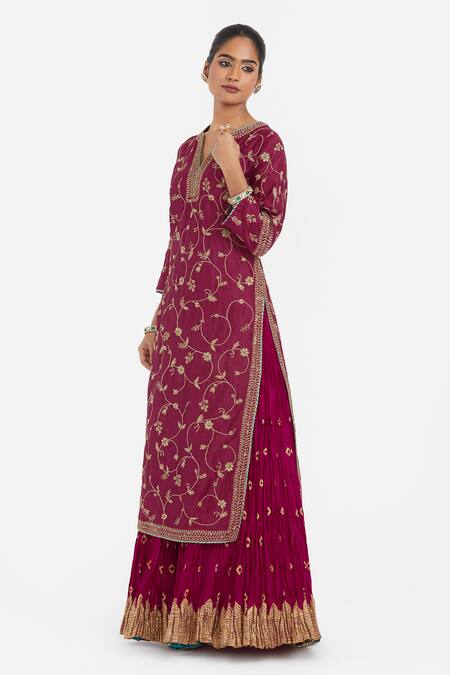 Buy_Kora_Red Chanderi Silk Embroidery, Sequins, Beads, Gota Dori Jaal Kurta And Lehenga _Online_at_Aza_Fashions