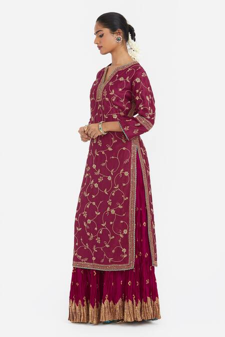 Kora_Red Chanderi Silk Embroidery, Sequins, Beads, Gota Dori Jaal Kurta And Lehenga _at_Aza_Fashions