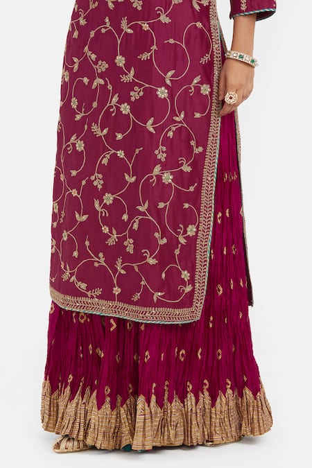 Buy_Kora_Red Chanderi Silk Embroidery, Sequins, Beads, Gota Dori Jaal Kurta And Lehenga 