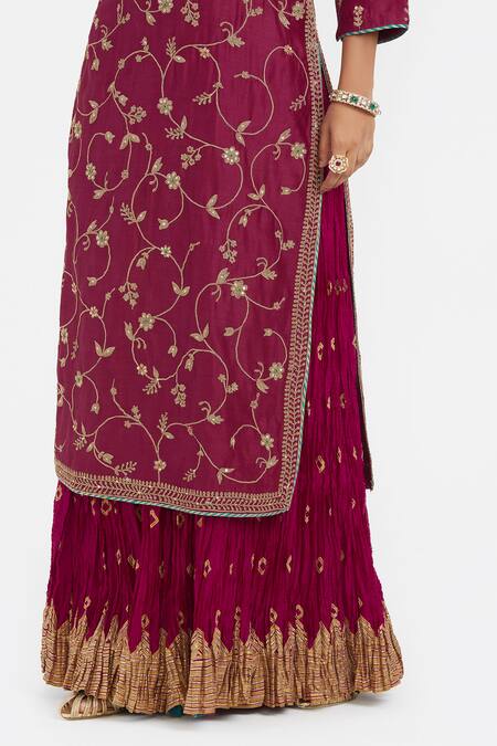 Shop_Kora_Red Chanderi Silk Sequins, Beads, Embroidery, Dori Jaal Kurta And Lehenga Set _Online_at_Aza_Fashions
