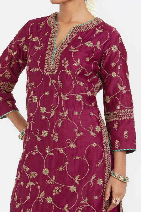 Shop_Kora_Red Chanderi Silk Sequins, Beads, Embroidery, Dori Jaal Kurta And Lehenga Set 