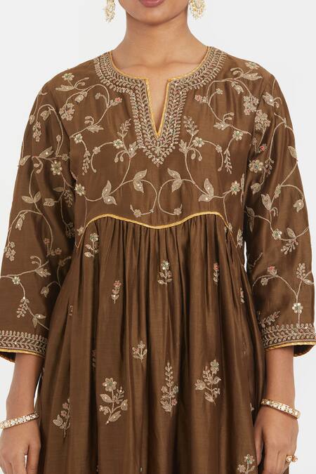 Kora_Olive Green Chanderi Silk Embroidery, Sequins, Beads Split Dori Kurta Dress _at_Aza_Fashions